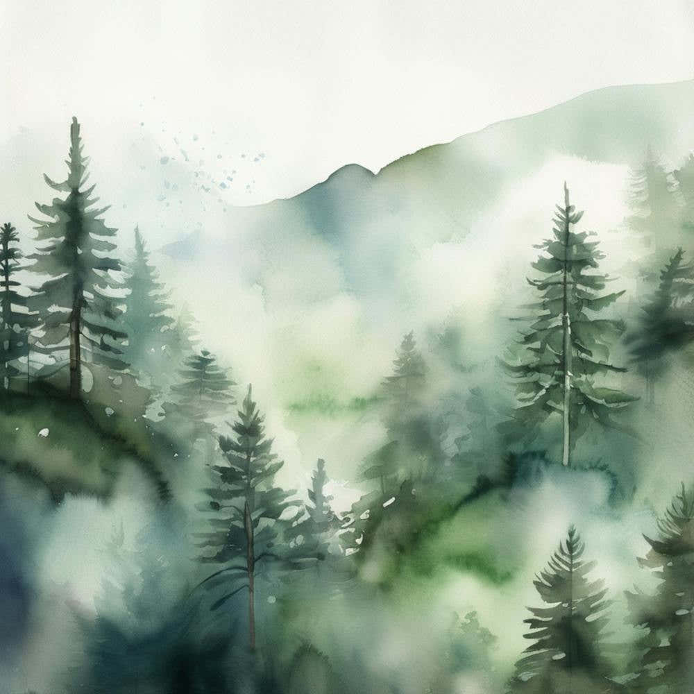 Appalachian Mountains of Misty Pines Watercolor Print of Evergreen Forest..357