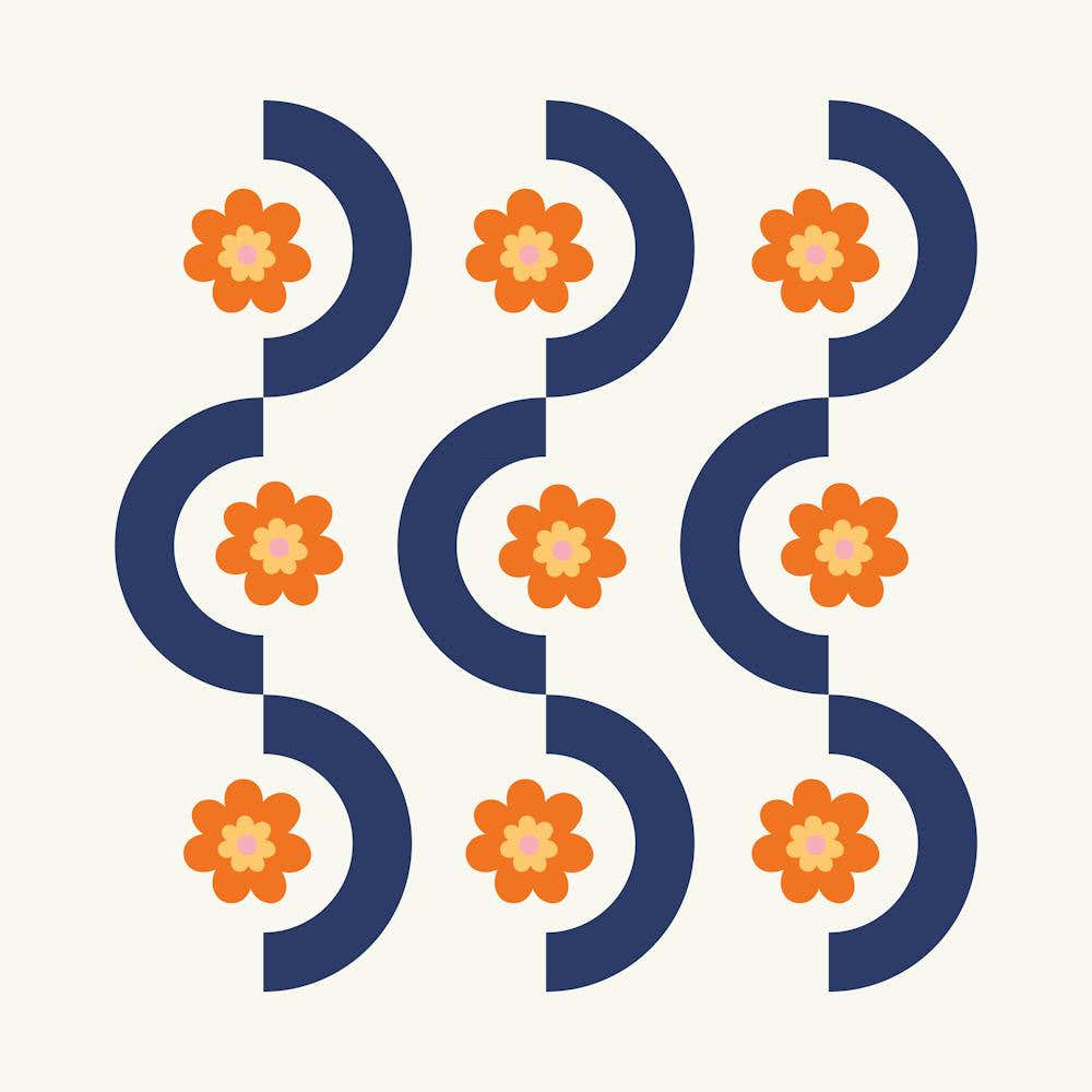 Geometric and Flower Pattern I in Navy Blue and Orange, Nostalgia Garden Shower Abstract 1