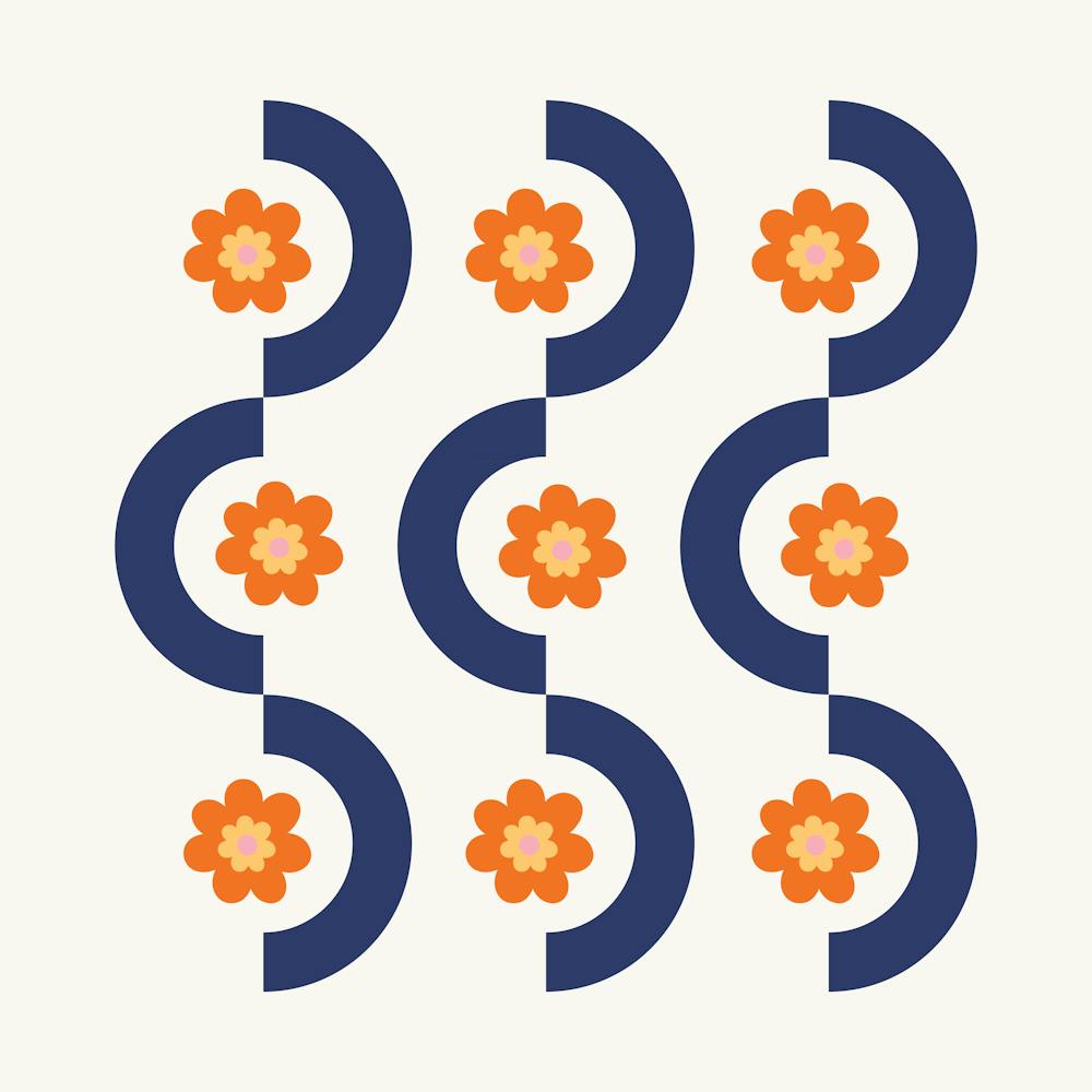 Geometric and Flower Pattern I in Navy Blue and Orange, Nostalgia Garden Shower Abstract 1