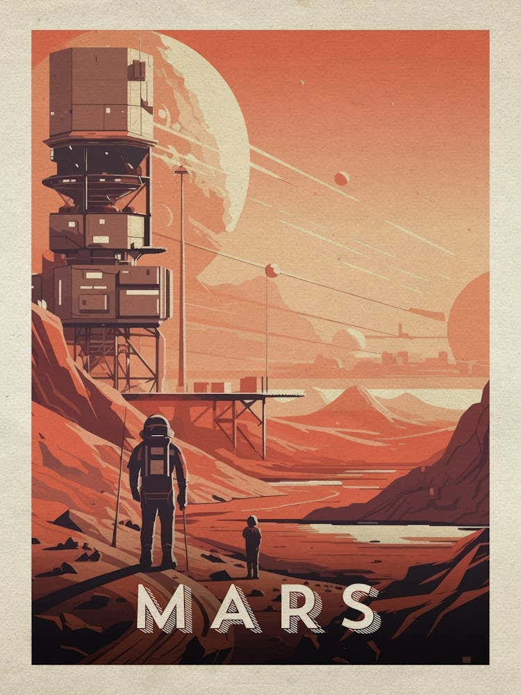 Mars, colony, astronaut — Vintage space poster, retro space art, retrofuturism, retro sci-fi
