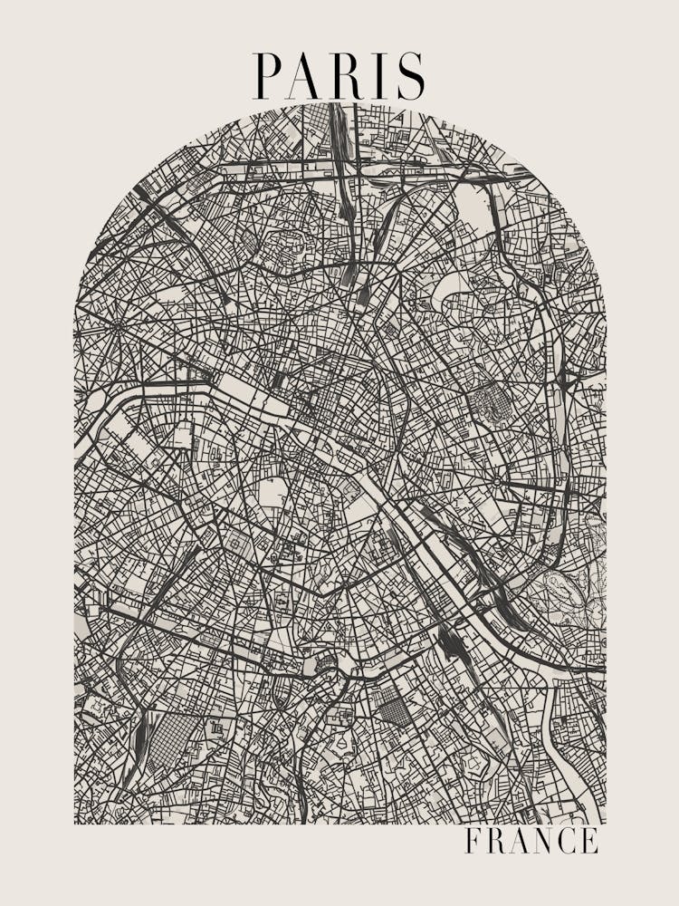 Paris France Boho Minimal Arch Full Beige Color Street Map 1
