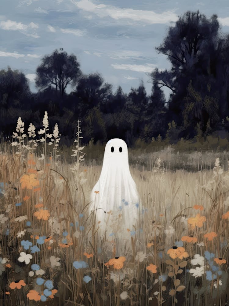 Cute Bedsheet Ghost In Flower Landscape Vintage Style, Halloween Spooky 2