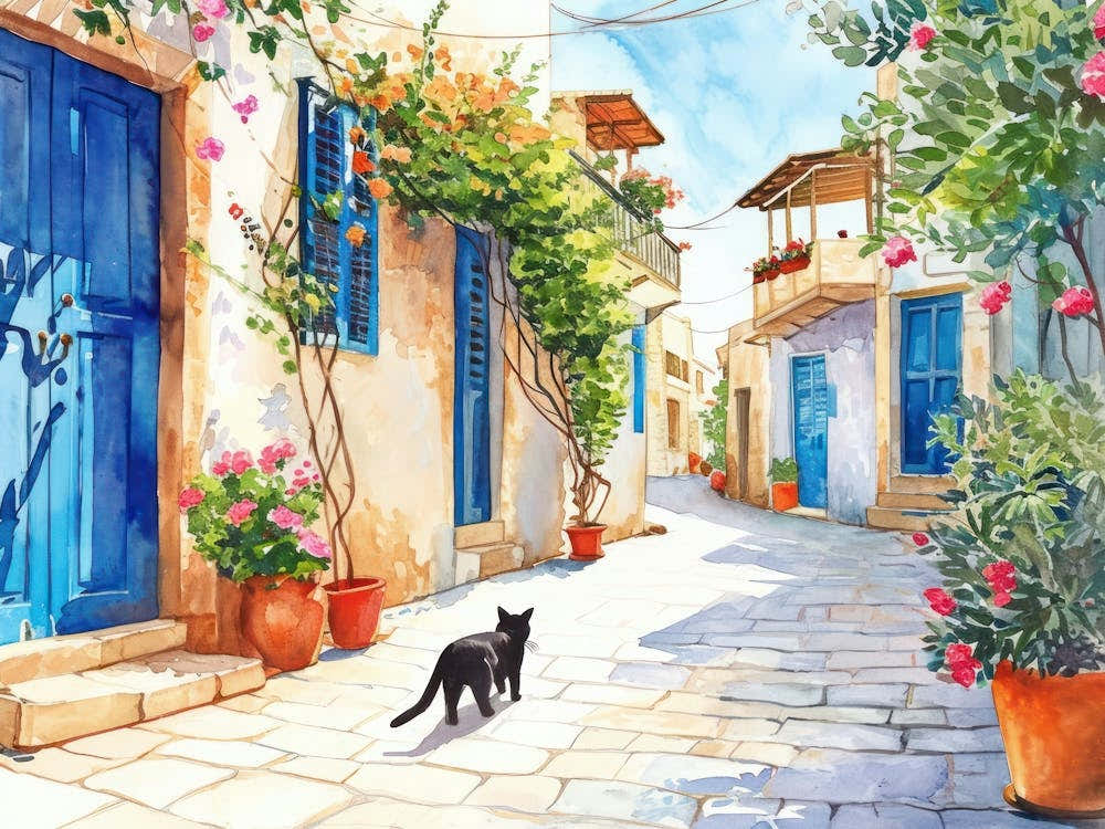 Paphos, Cyprus   Cat In Street Art Watercolour Painting 3