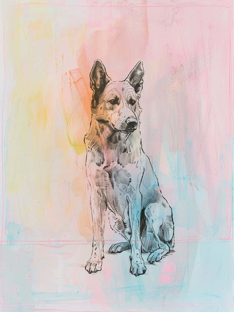 Belgian Malinois Dog Watercolour Pastel Line Illustration