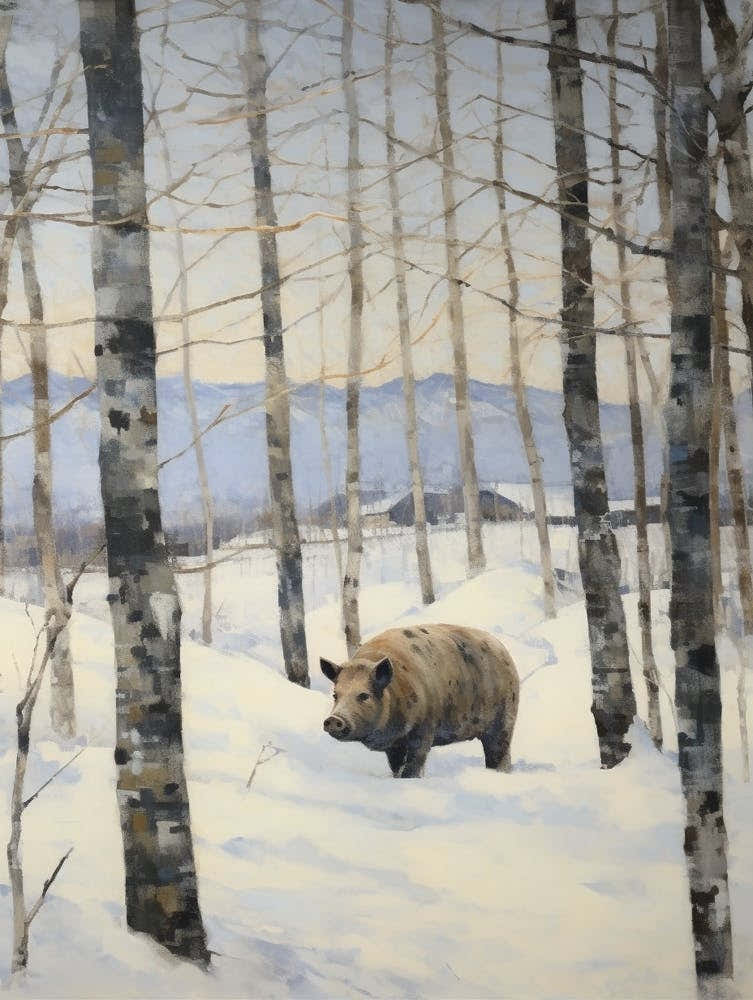 Vintage Winter Animal Painting Wild Boar 3
