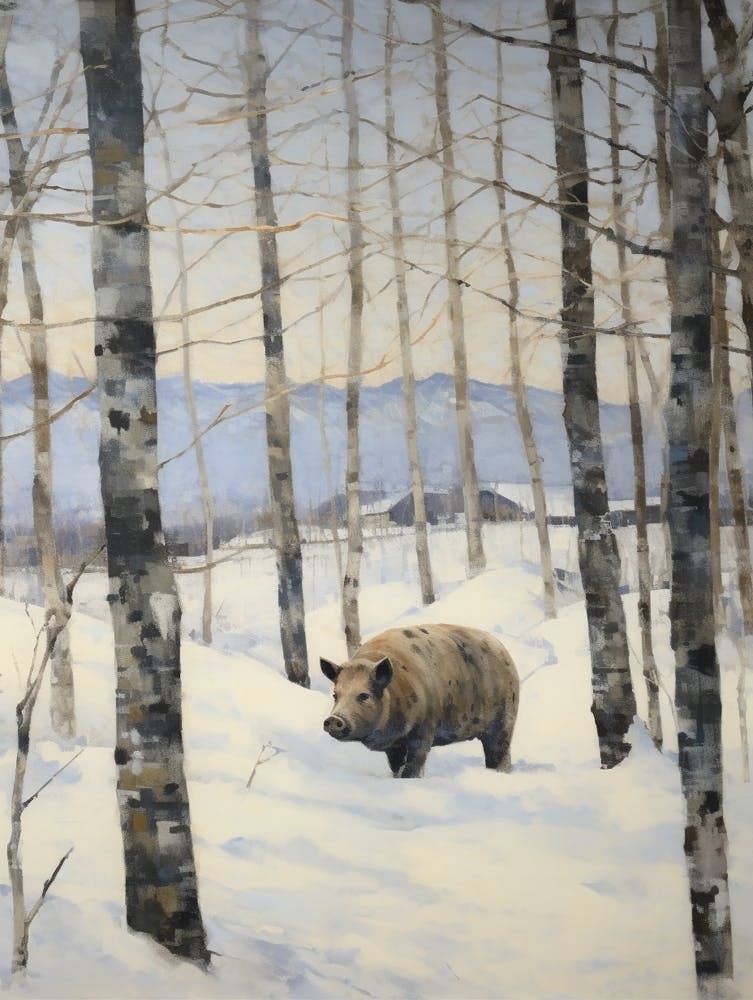 Vintage Winter Animal Painting Wild Boar 3