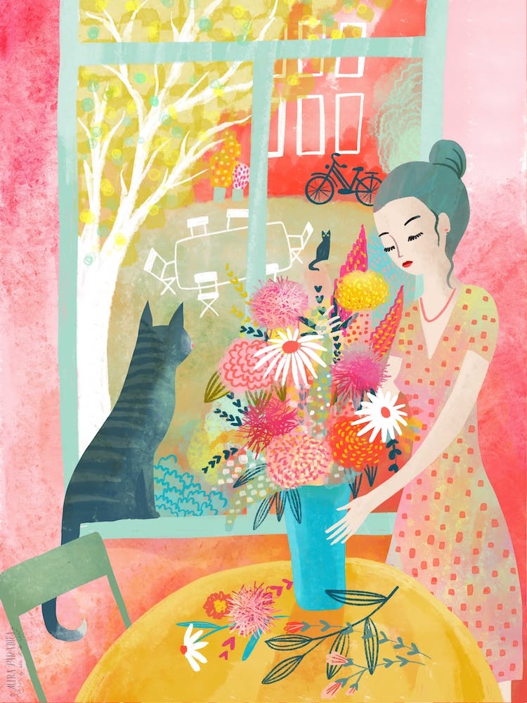 Arrangeing Flowers With Two Cats