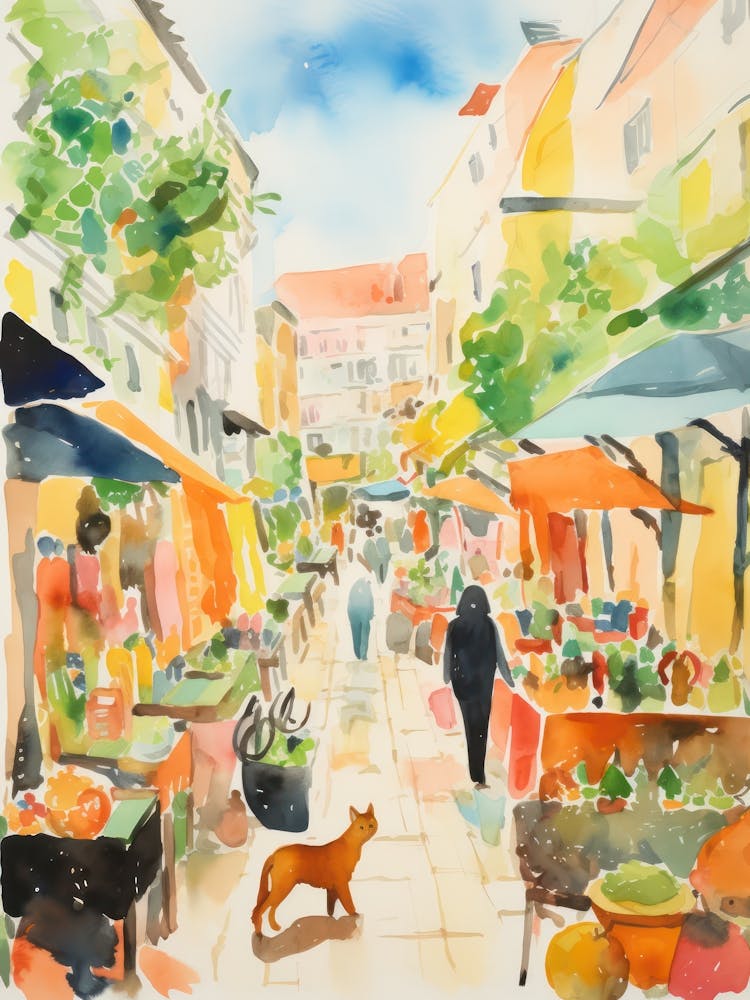 Food Market With Cats In Sintra 2 Watercolour