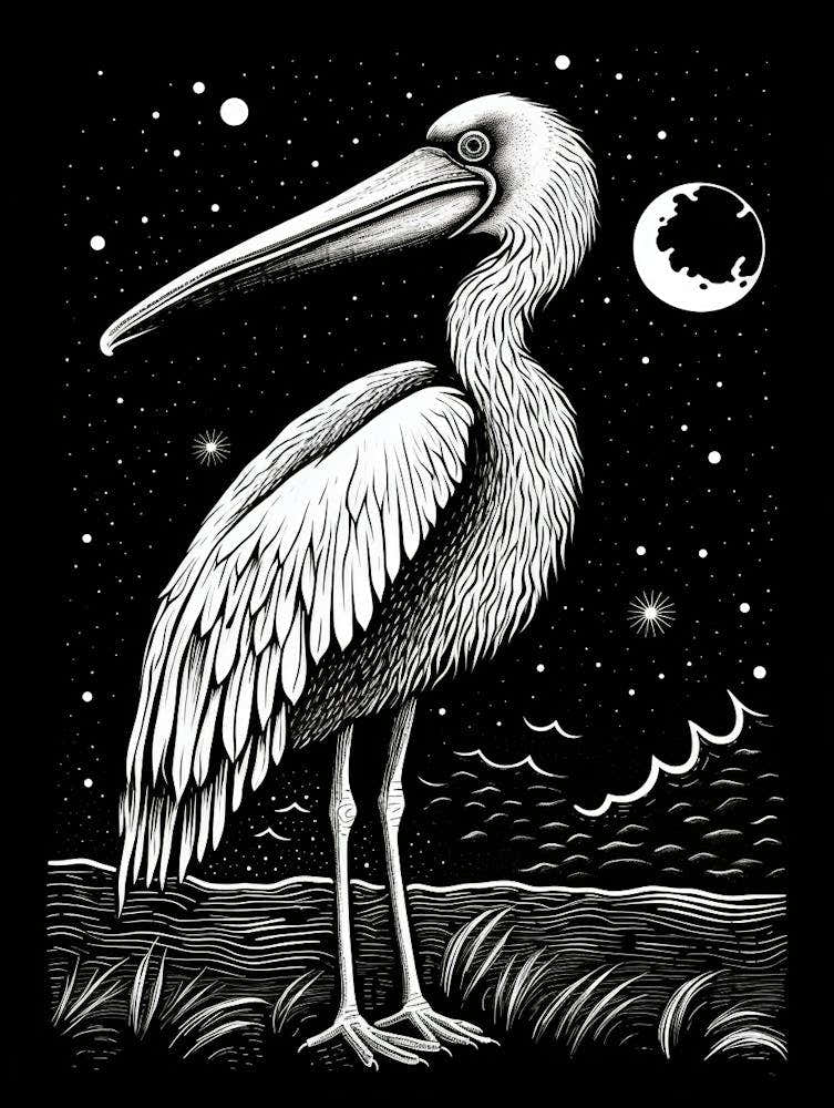B&W Bird Linocut Pelican 3