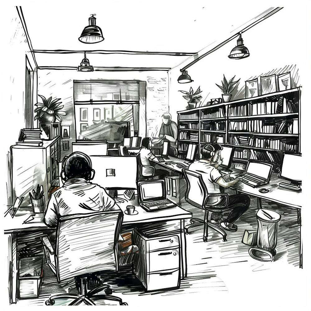 Sketch Of People Working At Desks