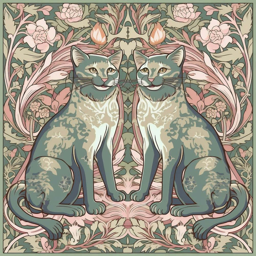 William Morris  Inspired  Classic Cats Smiley Cats Sage And Pink Square