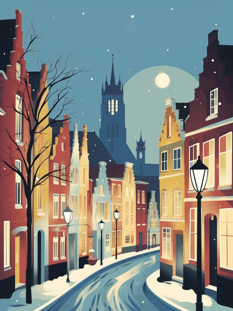 Winter Travel Night Illustration Bruges Belgium 2
