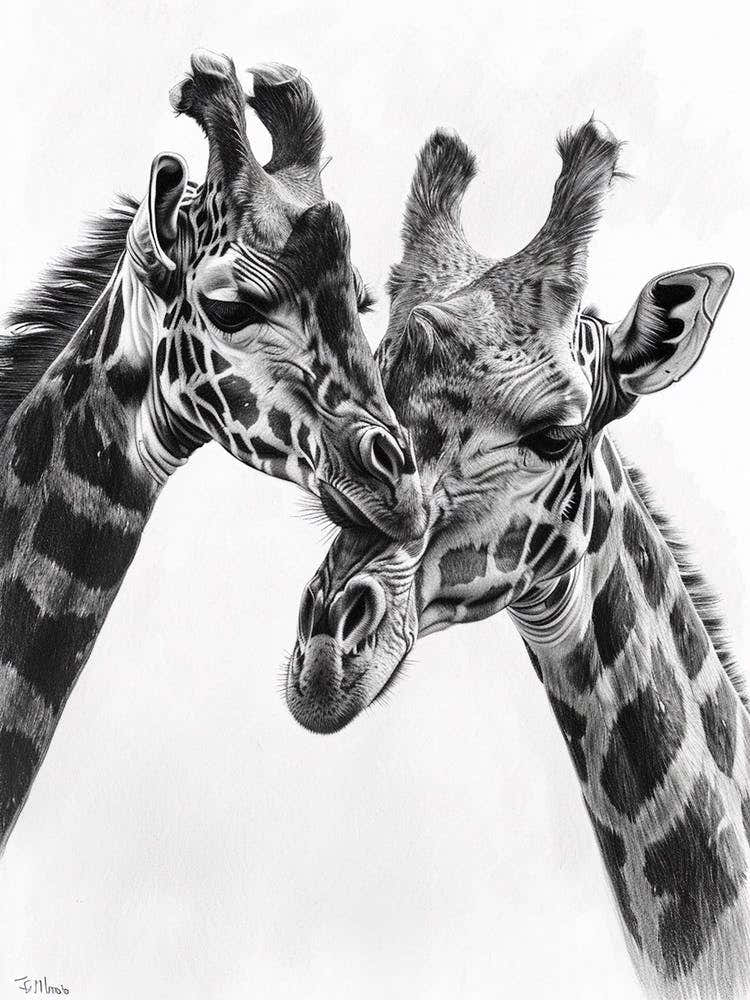 Two Giraffe Grooming Each Other Pencil Drawing