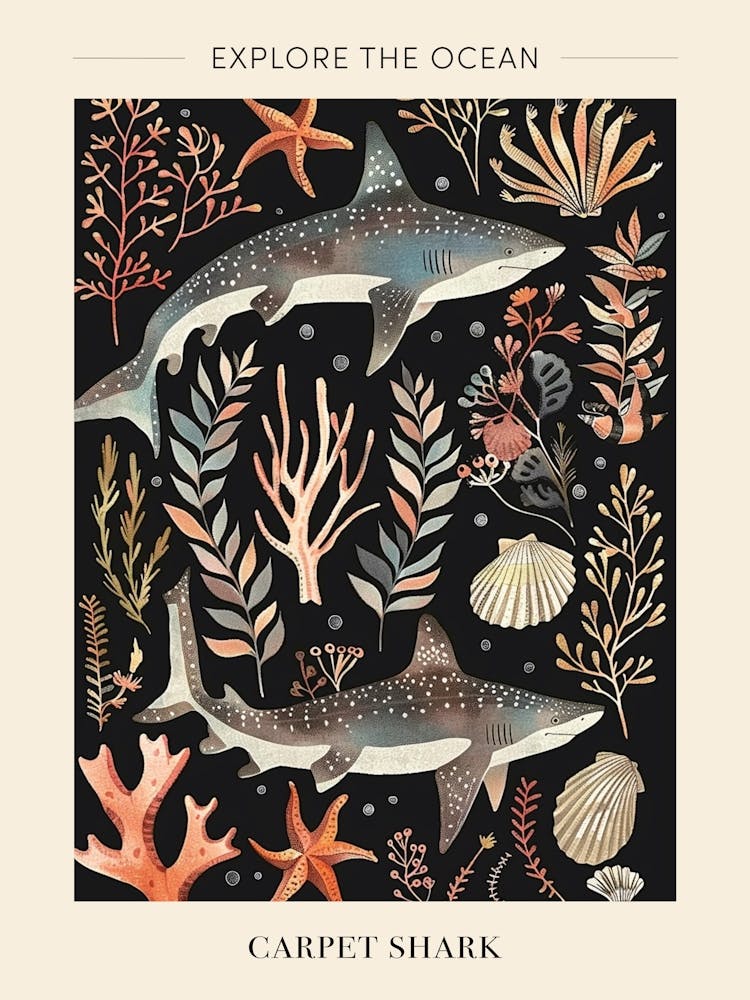 Carpet Shark Seascape Black Background Illustration 1 Poster