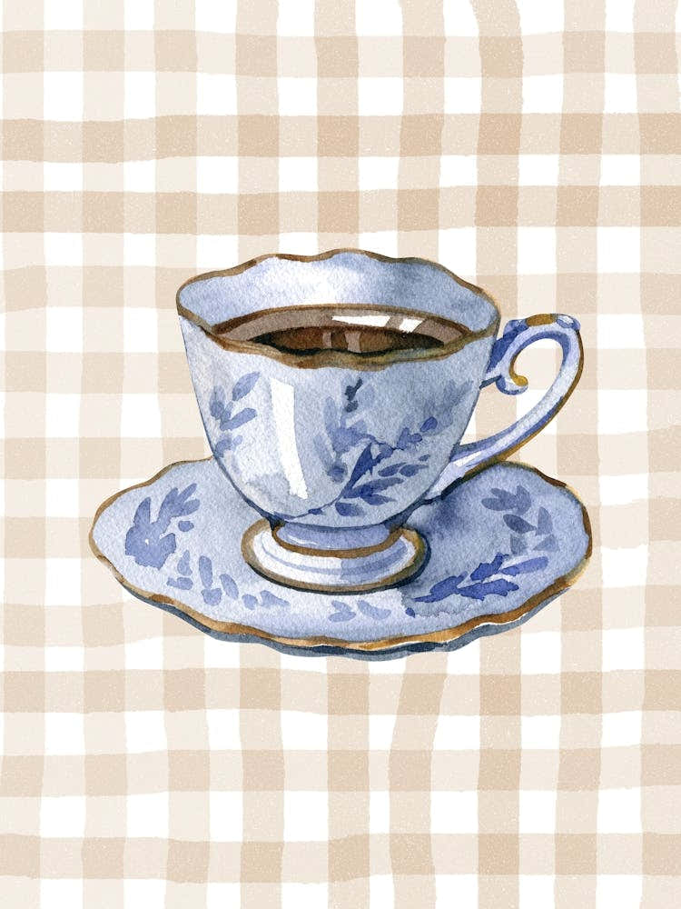 Blue Tea Cup Gingham Poster