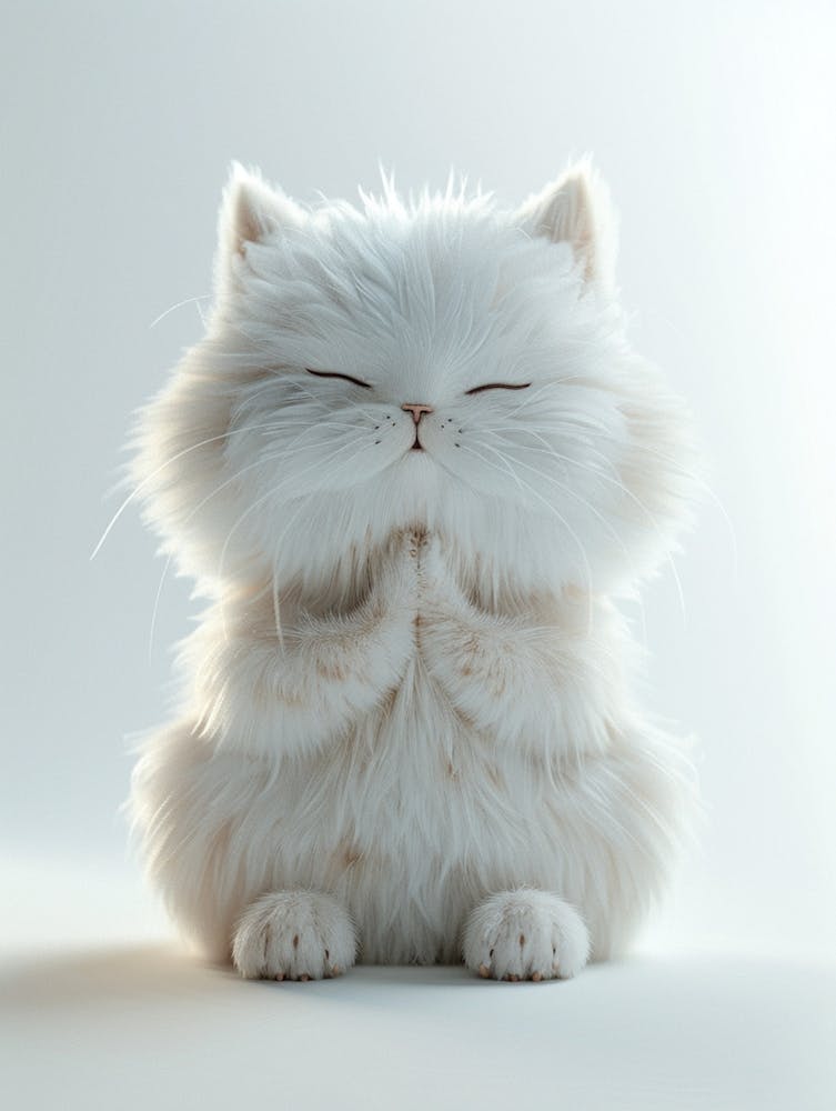 3d Render Of A Cute Fluffy White Cat With Folded Hands In Prayer, Smiling Face, White Background, White Color Palette, Soft Lighting, In The Style Of Pixar 1