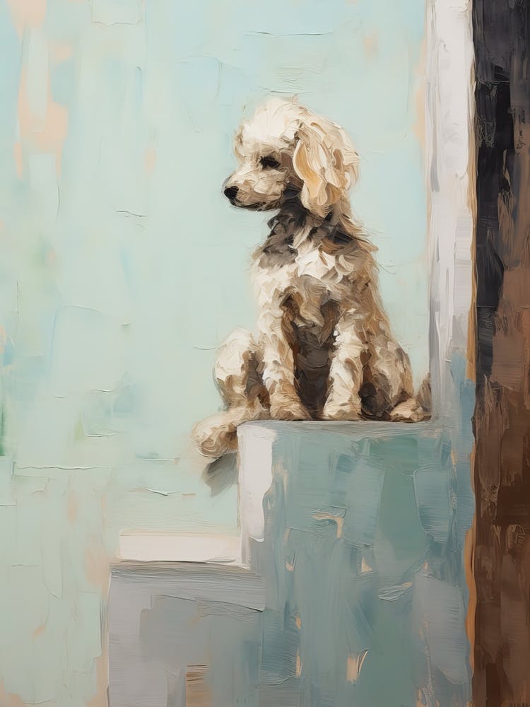 Poodle Dog, Painting In Light Teal And Brown 2