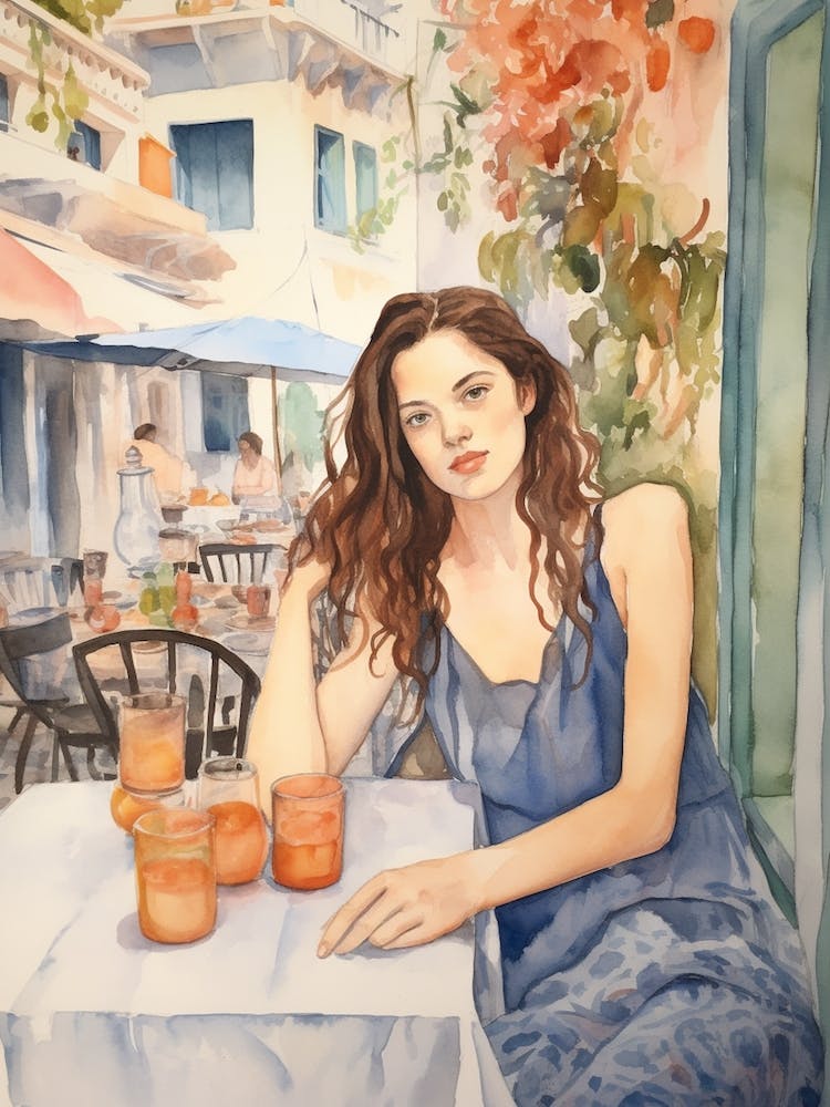 At A Cafe In Athens Greece Watercolour