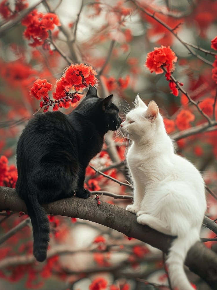 Black Cat And A White Cat Sitting In Love On A Tree Branch With Red Flowers