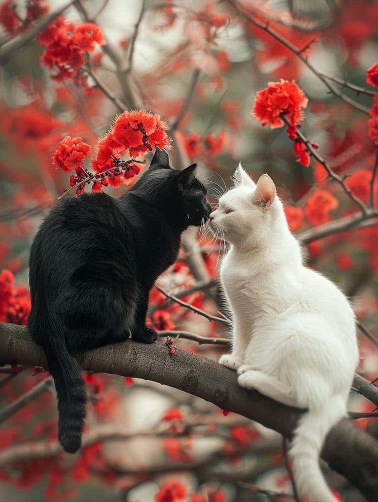 Black Cat And A White Cat Sitting In Love On A Tree Branch With Red Flowers