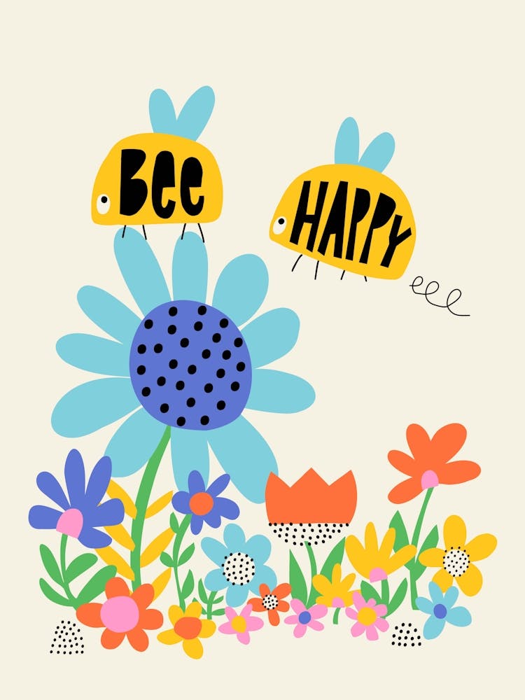 Playful Meadow Bee Happy Bumblebee and Flowers Illustration Kids