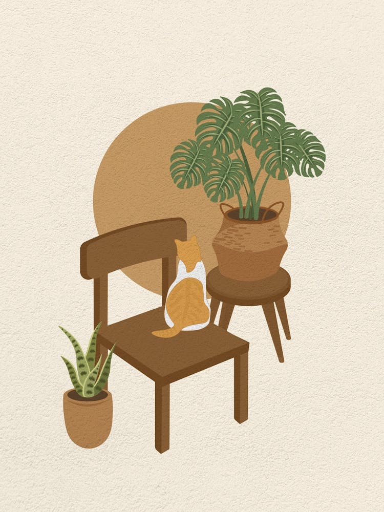 Minimal art Cat Sitting On A Chair looking plant