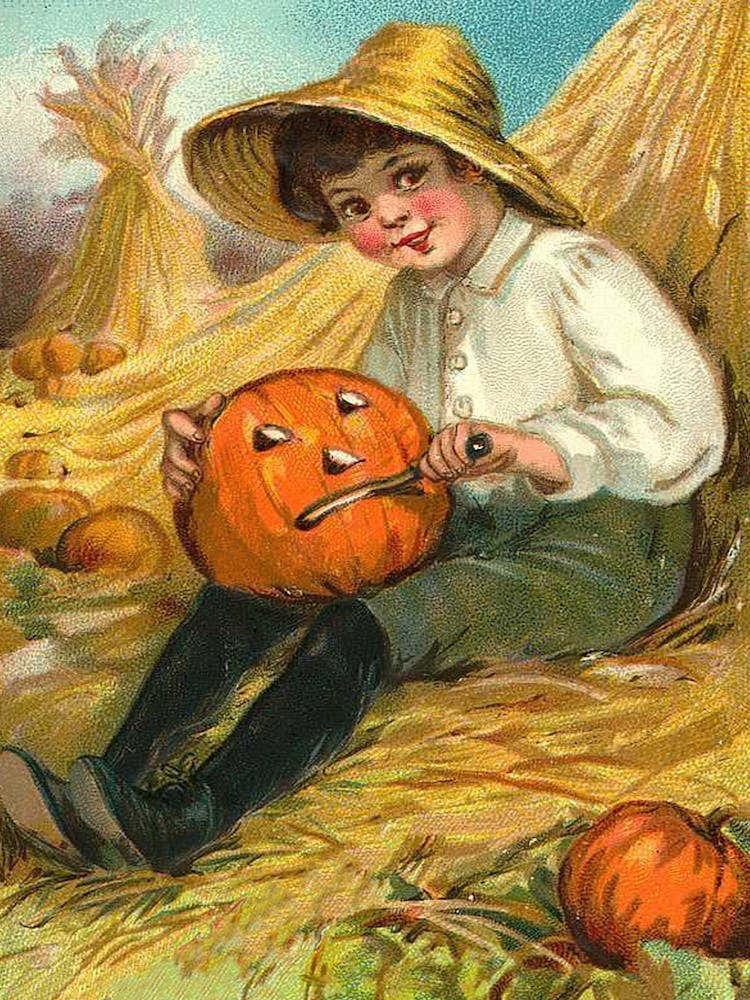 Village Boy Is Carving A Pumpkin For A Coming Holiday