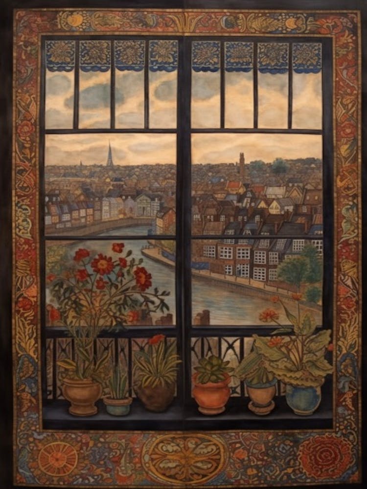 A Window View Of Amsterdam In The Style Of Art Nouveau 2