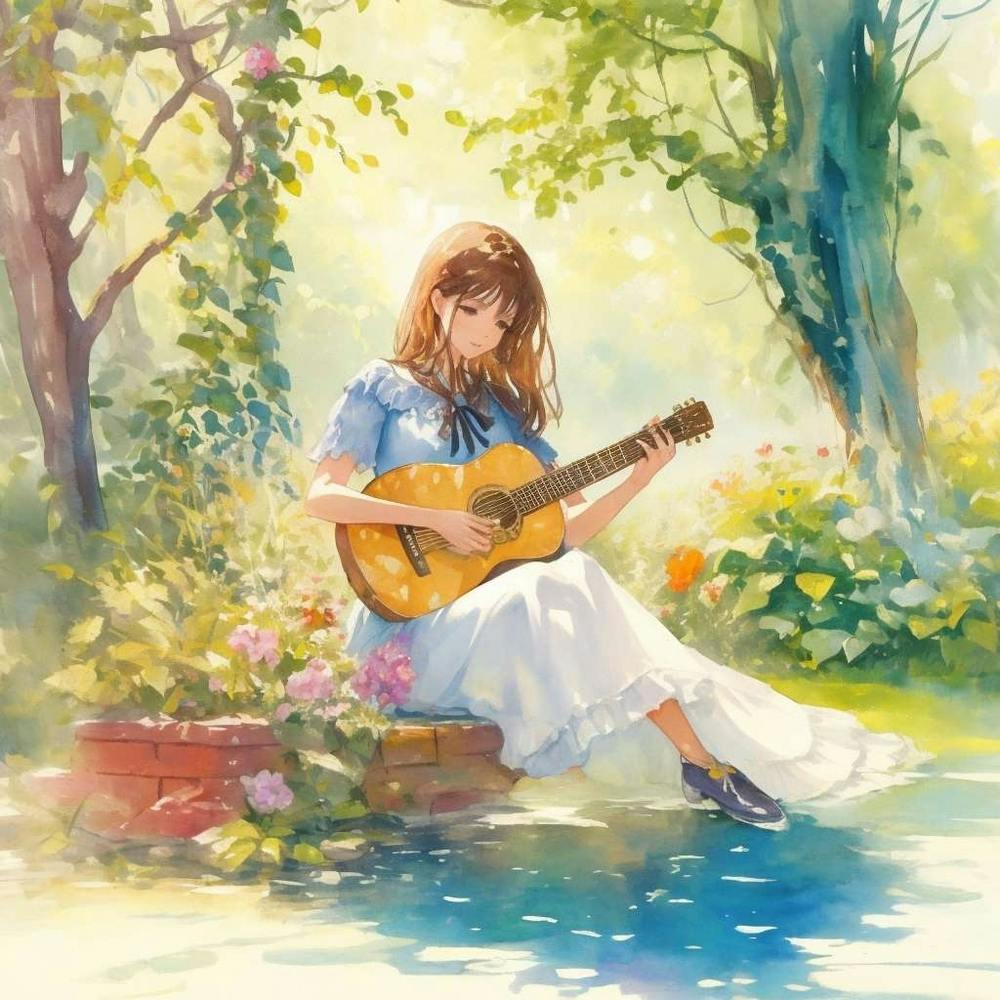 Beautiful Woman Playing Guitar In The Garde 1