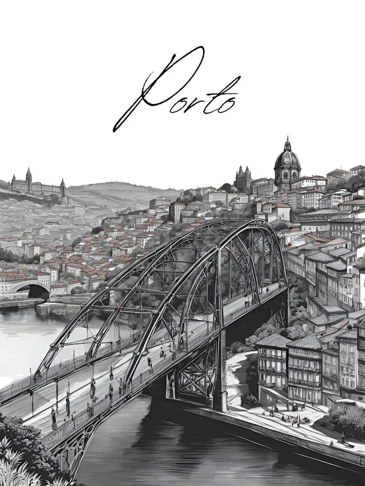 Porto Douro Bridge, Black And White Illustration