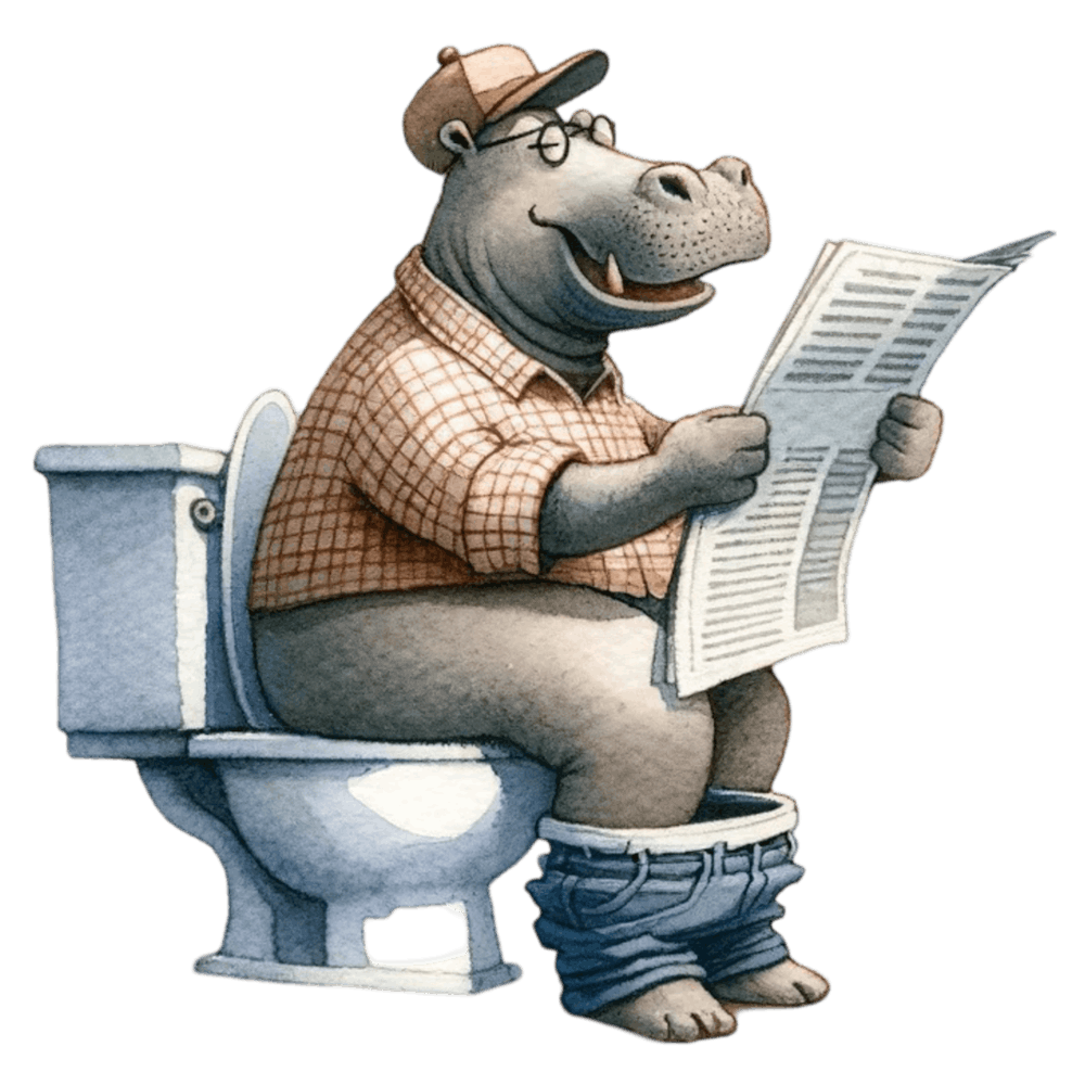 Hippopotamus Reading Newspaper on Toilet