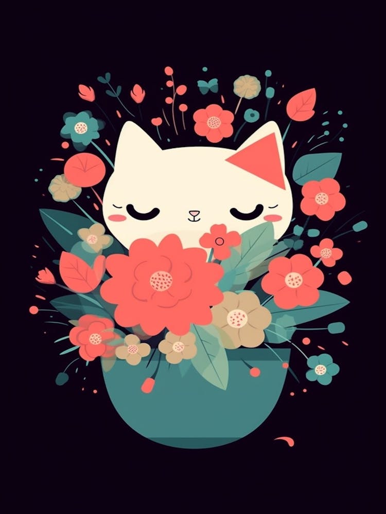 Flower Bouquet With A Cat Kawaii Illustration 4