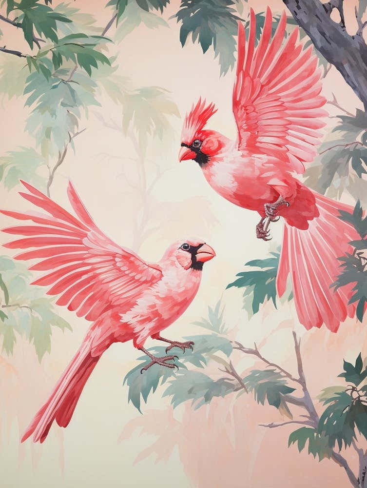 Vintage Japanese Inspired Bird Print Cardinal 1