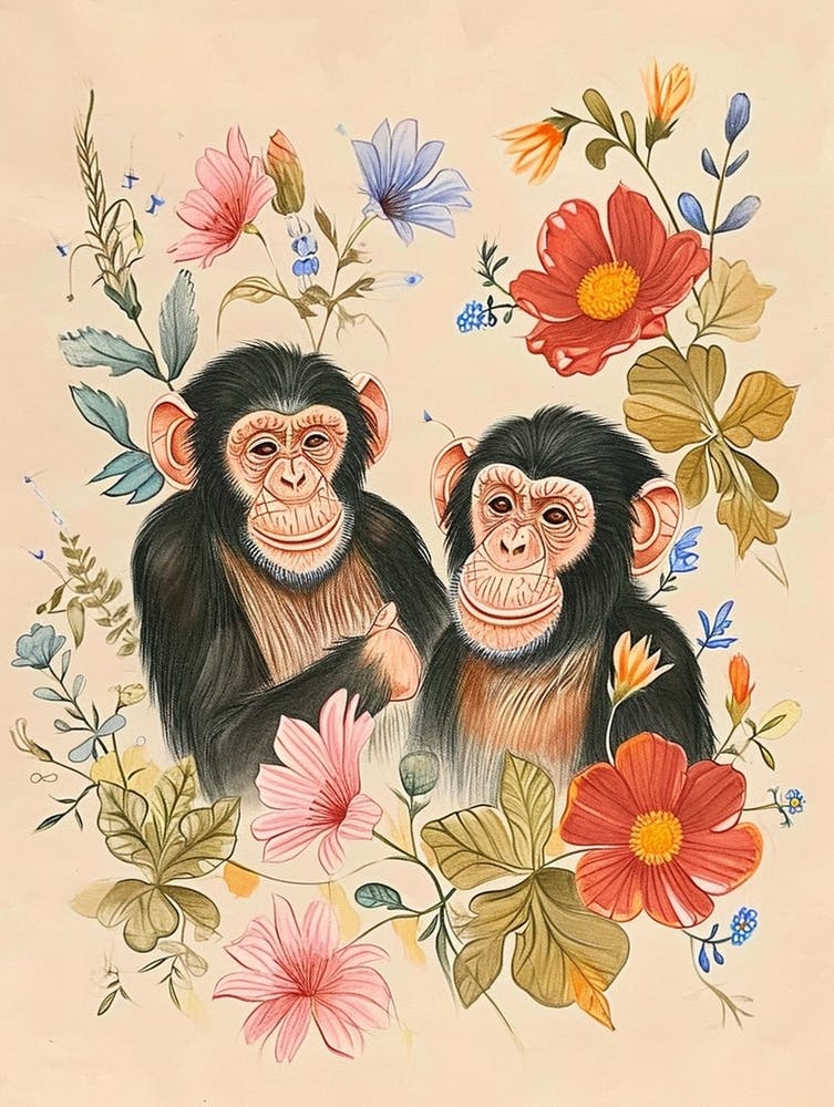 Folksy Floral Animal Drawing Chimpanzee 4