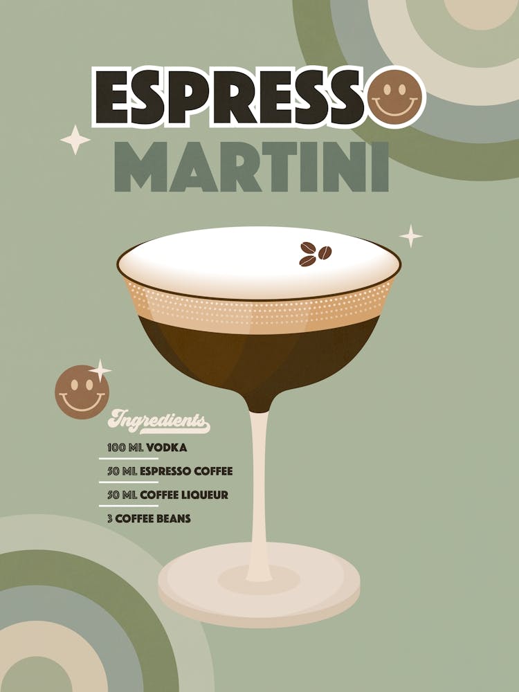 Espresso Martini Cocktail - Retro Rainbow Sage green and Cream