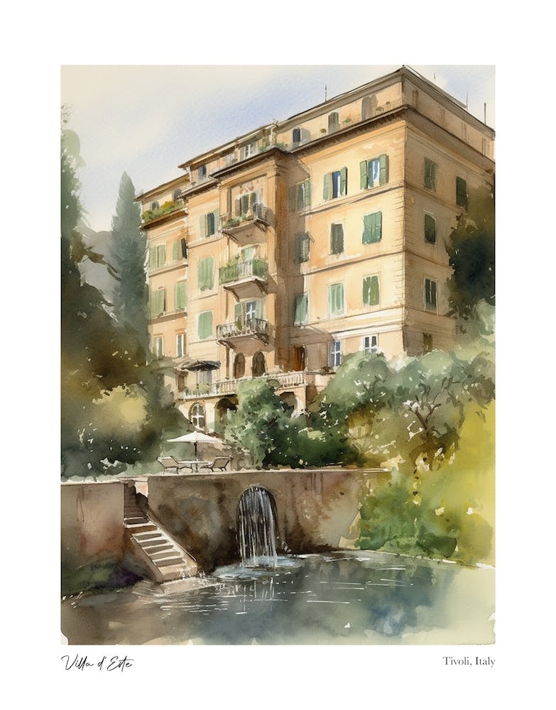 Villa D'Este, Tivoli, Italy 1 Watercolour Travel Poster