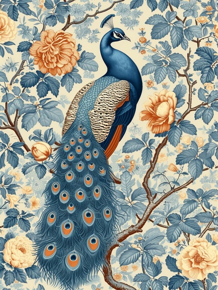 Cream Peacock Vintage Floral Wallpaper  1