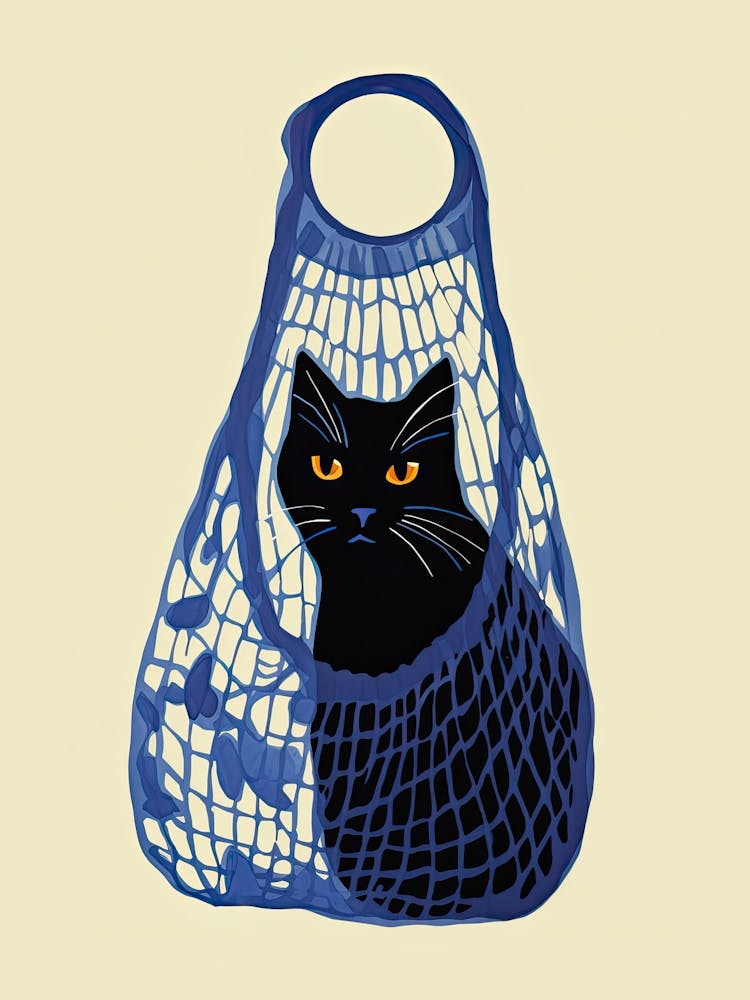 Black Cat In A Blue Net Bag Bag
