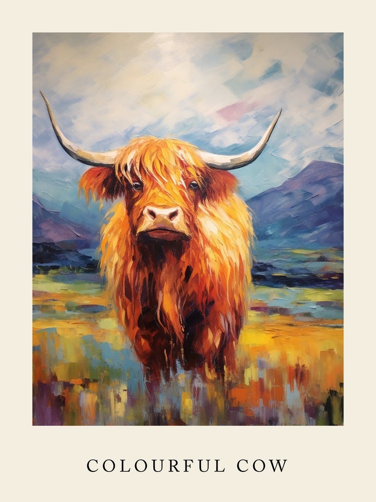 Colourful Brushstroke Of A Highland Cow By The Mountains