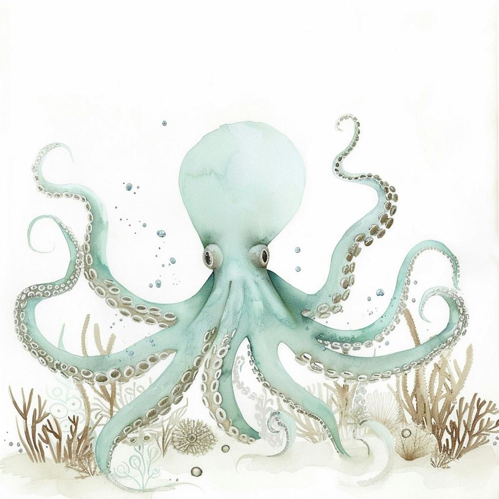 Watercolour Storybook Style Octopus With Bubbles 3