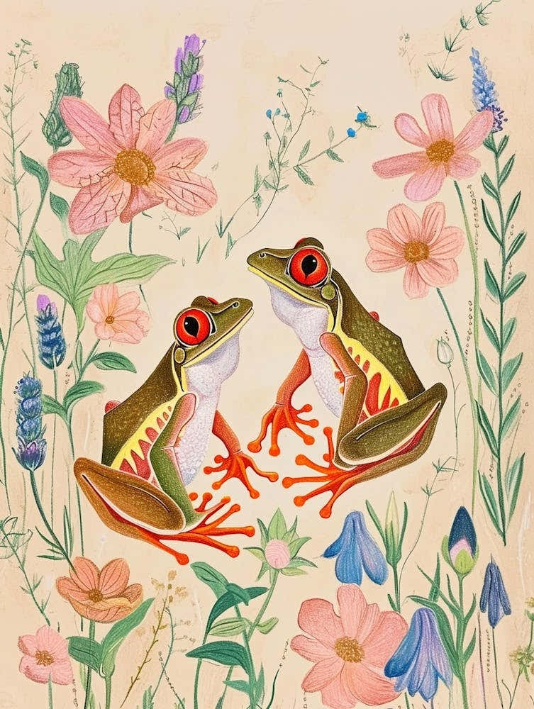Folksy Floral Animal Drawing Frog