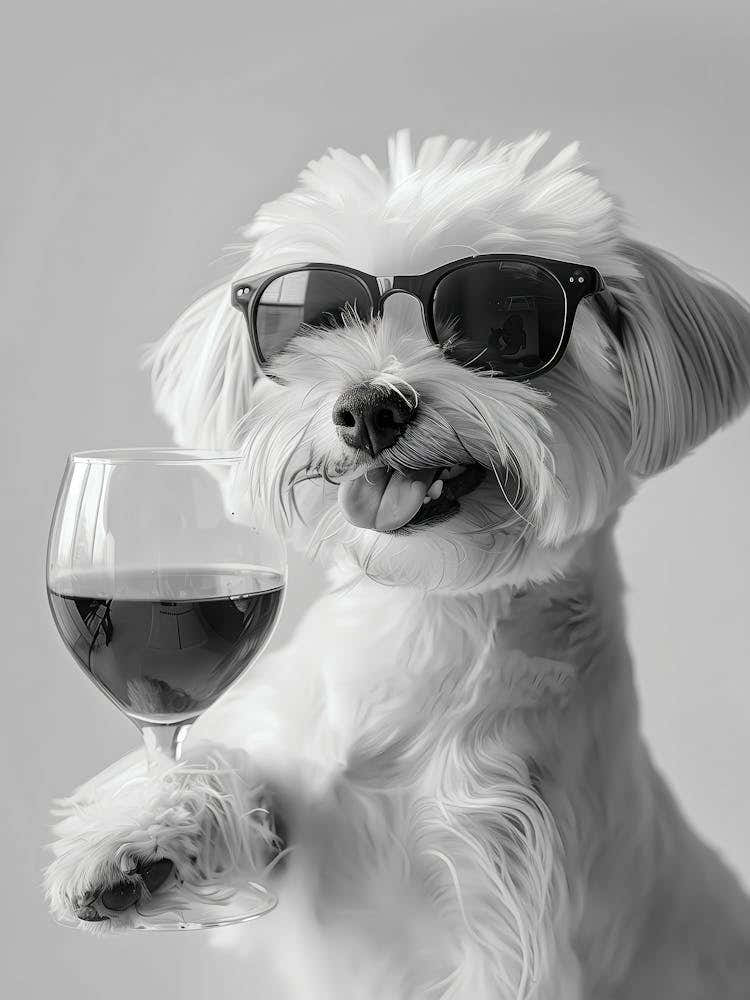 Maltese Holding Red Wine Wall Art, Black And White Print, Maltese Gift, Alcohol Print, Funny Dog Poster, Bar Cart Print, Kitchen Wall Decor