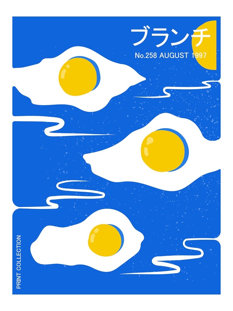 Fried egg art print, Japanese retro poster, Kitchen food art