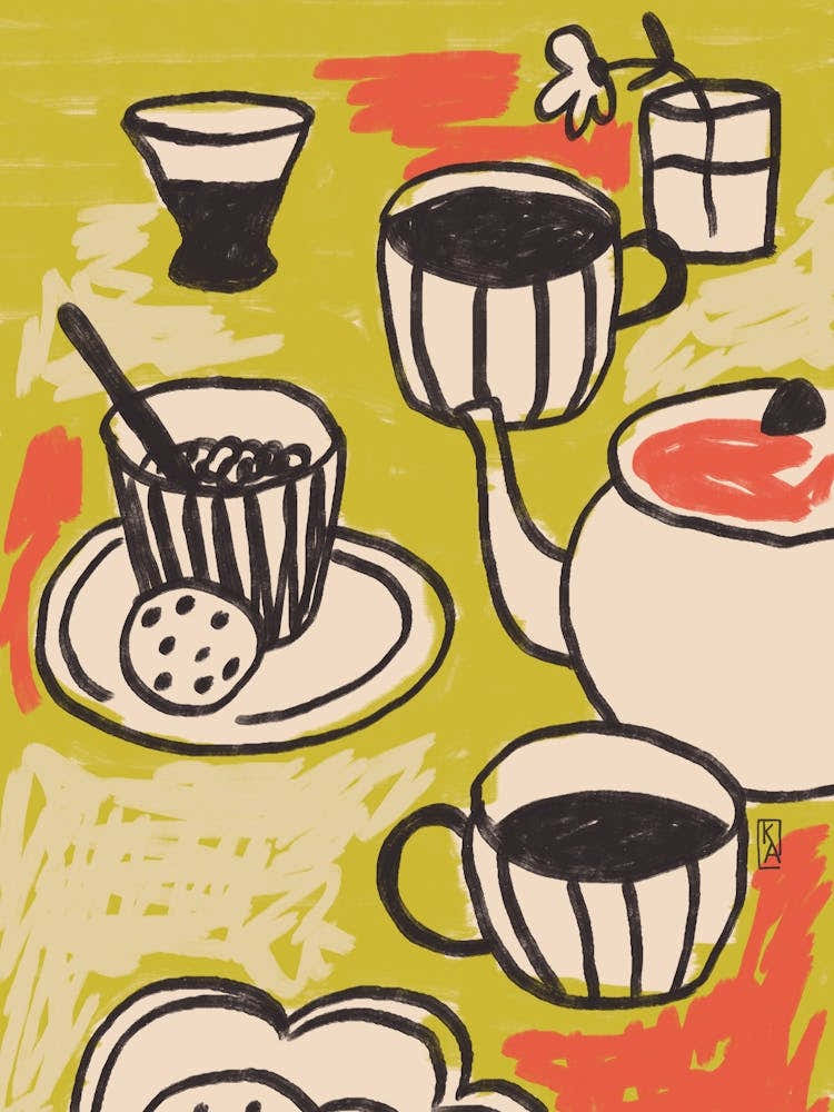 Breakfast poster, Coffee abstract retro print, Fun kitchen decor, Green olive beige