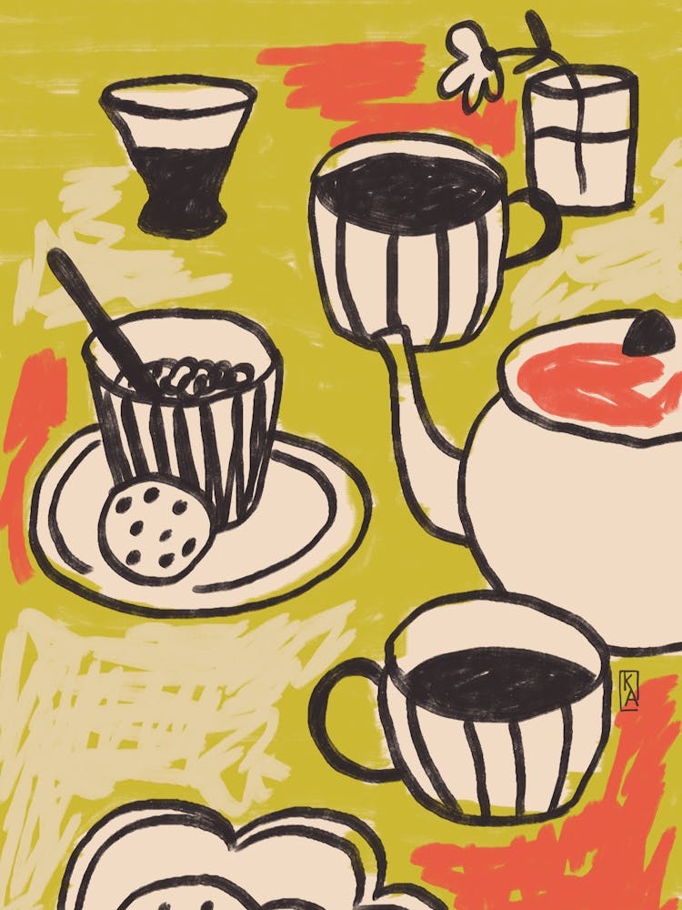 Breakfast poster, Coffee abstract retro print, Fun kitchen decor, Green olive beige