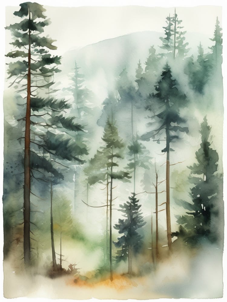 Appalachian Mountains of Misty Pines Watercolor Print of Evergreen Forest..125