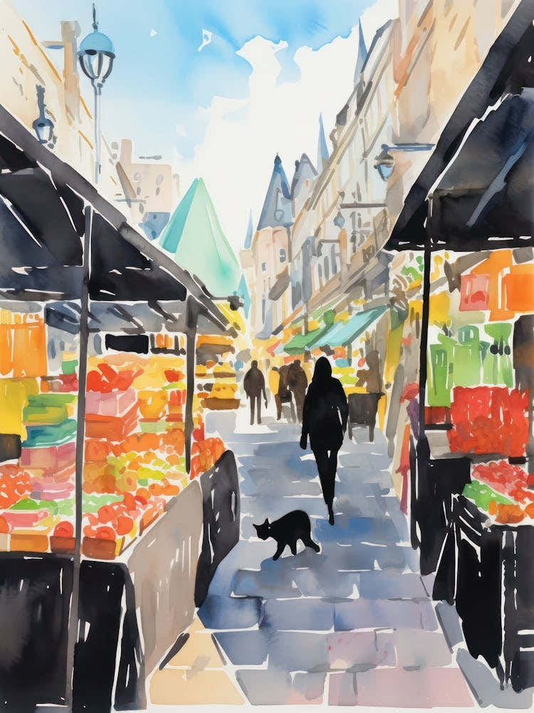 Food Market With Cats In Cambridge 4 Watercolour