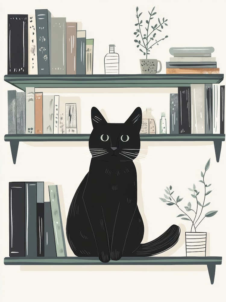 Black Cat On Shelves