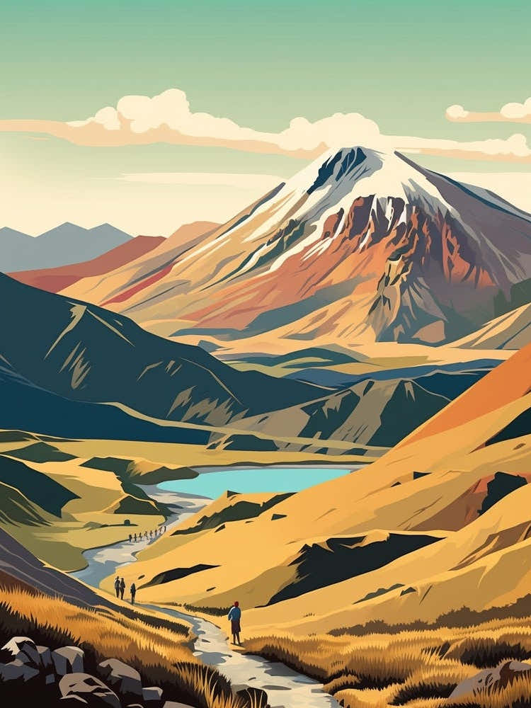 Tongariro Alpine Crossing New Zealand 1 Vintage Travel Illustration