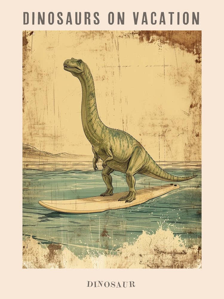 Vintage Dinosaur On A Surf Board 2 Poster
